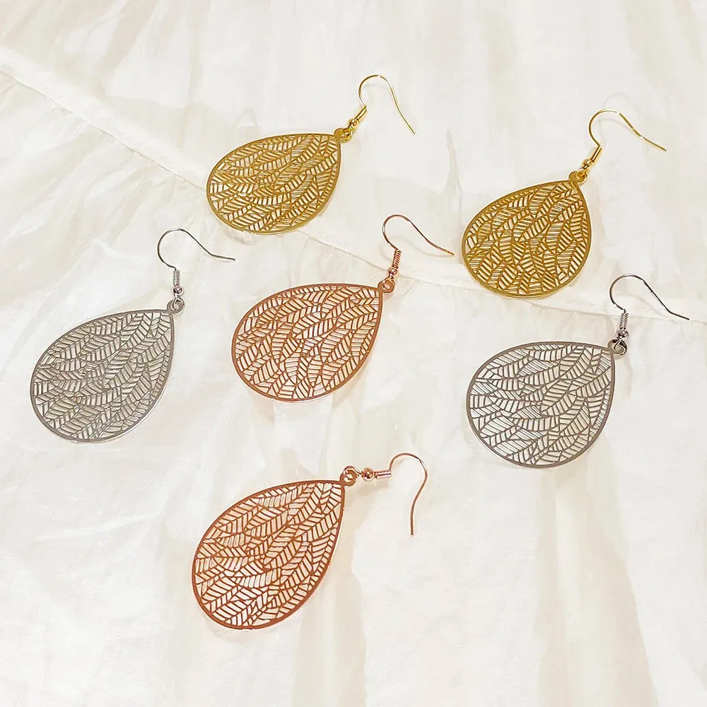 Carved Water Droplet Leaf Earrings | Lightweight Copper Earrings | Women's Fashion Jewelry