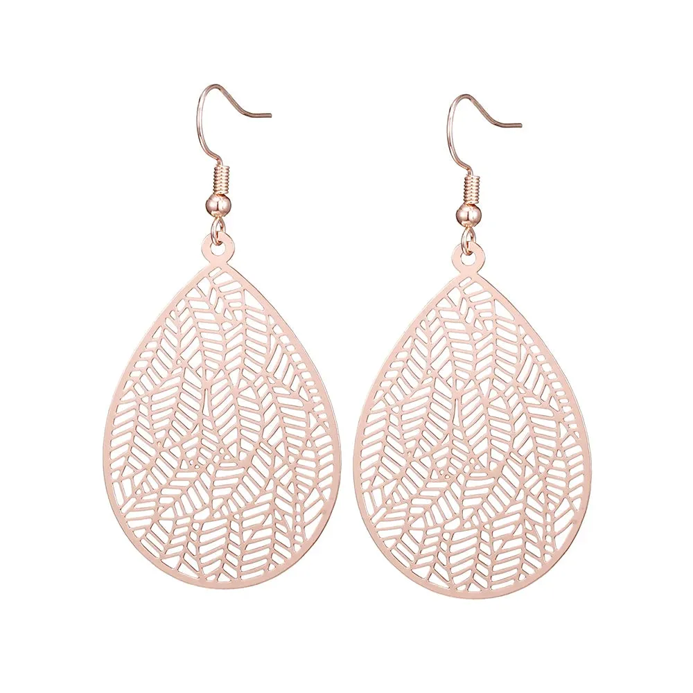 Carved Water Droplet Leaf Earrings | Lightweight Copper Earrings | Women's Fashion Jewelry