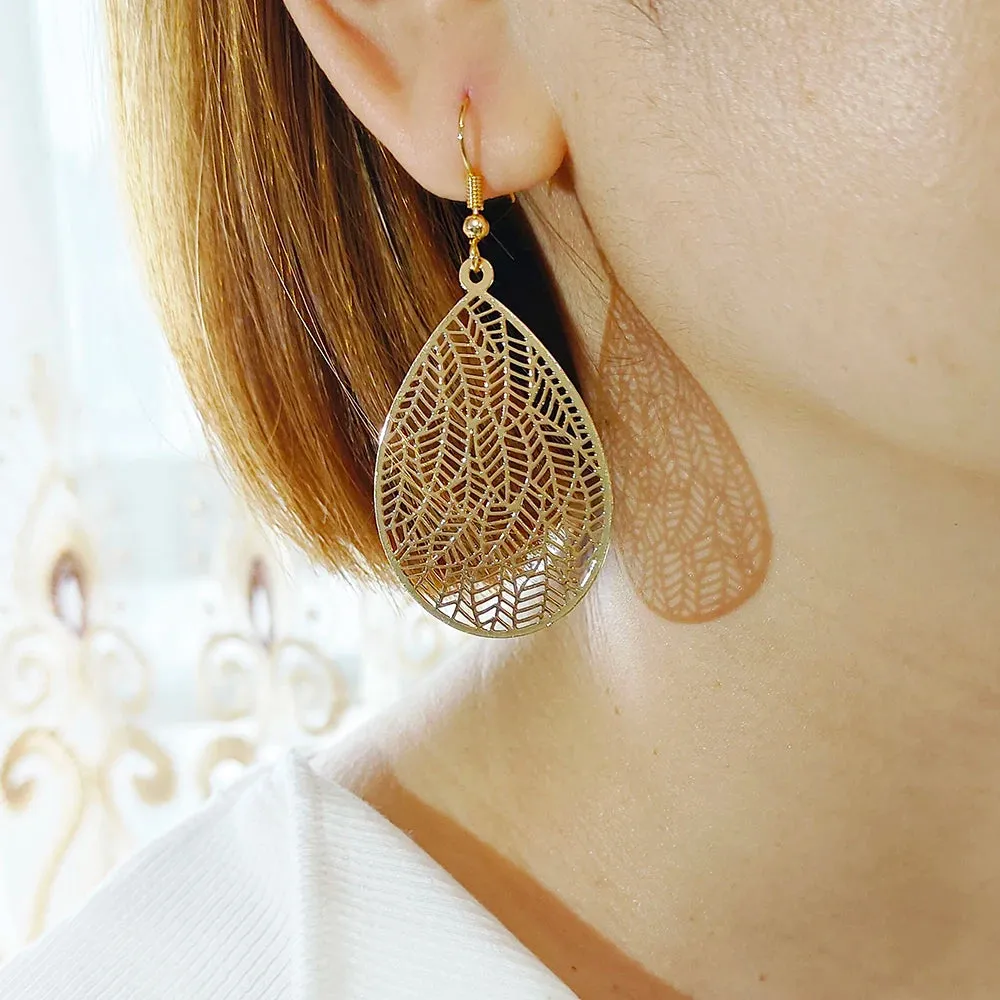 Carved Water Droplet Leaf Earrings | Lightweight Copper Earrings | Women's Fashion Jewelry