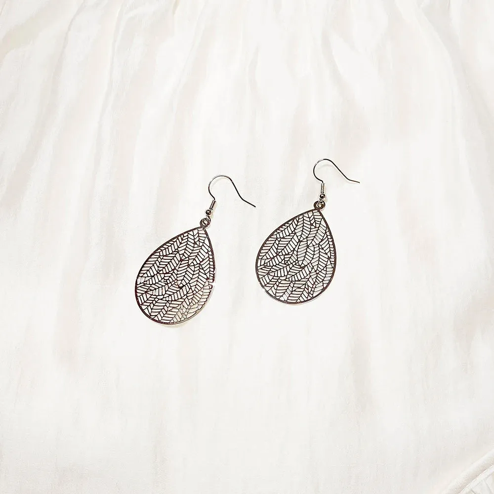 Carved Water Droplet Leaf Earrings | Lightweight Copper Earrings | Women's Fashion Jewelry