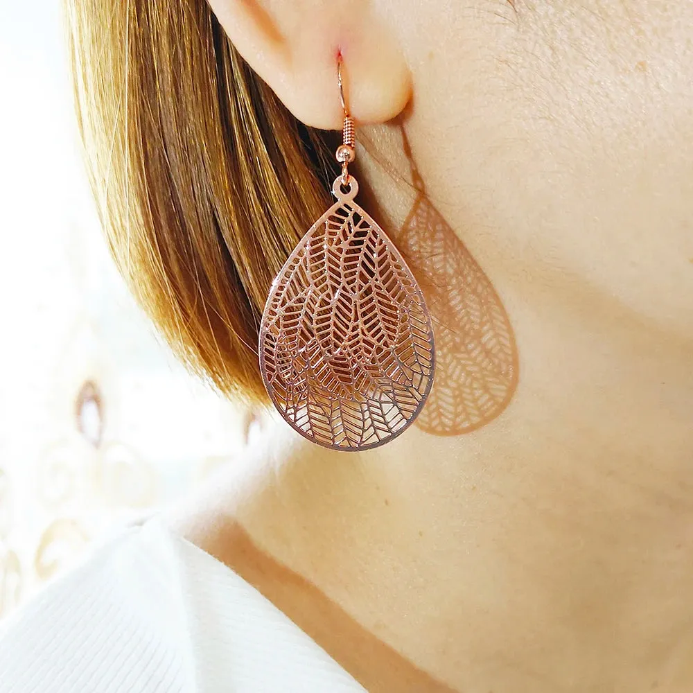 Carved Water Droplet Leaf Earrings | Lightweight Copper Earrings | Women's Fashion Jewelry