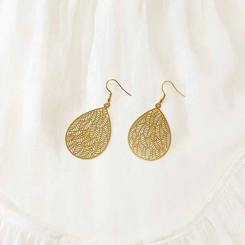 Carved Water Droplet Leaf Earrings | Lightweight Copper Earrings | Women's Fashion Jewelry