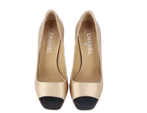 CHANEL OPEN TOE PUMPS BEIGE SATIN LEATHER SIZE 39