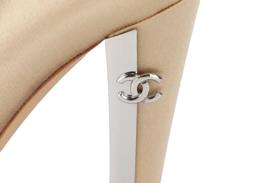 CHANEL OPEN TOE PUMPS BEIGE SATIN LEATHER SIZE 39