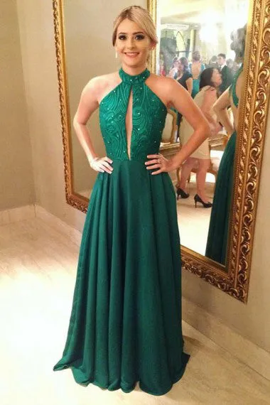 Charming A-Line Jewel Green Keyhole Open Back A Line Prom Dresses with Beading OK961