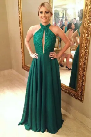 Charming A-Line Jewel Green Keyhole Open Back A Line Prom Dresses with Beading OK961