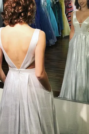 Charming A Line V Neck Backless Sequins Long Satin Prom Dress Evening Dresses OHC509