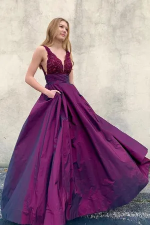 Charming V Neck Satin A-line Backless Long Prom Dresses Evening Dresses OHC500