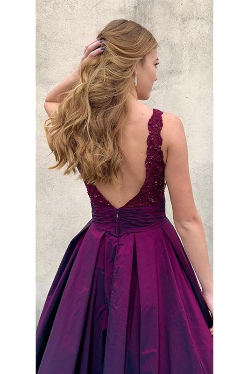 Charming V Neck Satin A-line Backless Long Prom Dresses Evening Dresses OHC500