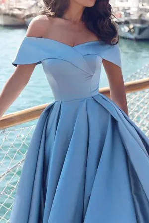 Cheap A Line Off-the-shoulder Sweep/Brush Train Sleeveless Long Satin Prom Dress/Evening Dress OHC120