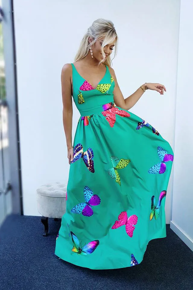 Cheap A Line V Neck Floor Length Sleeveless Green Satin Floral Long Prom Dress OHC465
