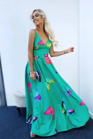 Cheap A Line V Neck Floor Length Sleeveless Green Satin Floral Long Prom Dress OHC465