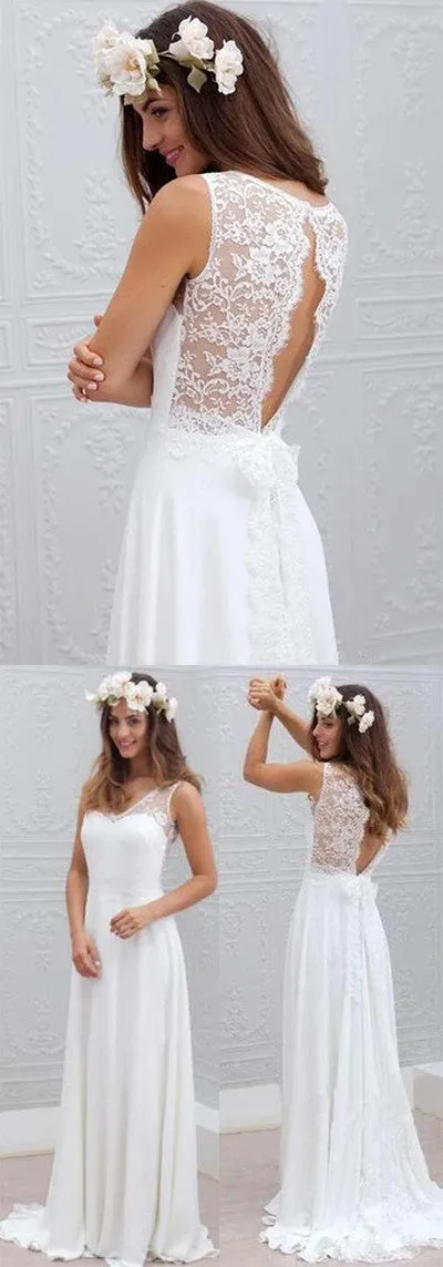 Cheap Simple Beach Open Back Wedding Dresses,Chiffon Lace Wedding Gown,SW60
