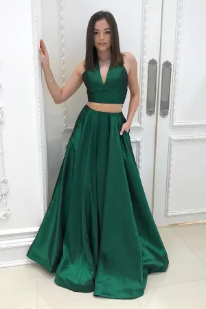 Cheap Two Pieces  V Neck Floor Length Sleeveless Long Satin Prom Dresses OHC263