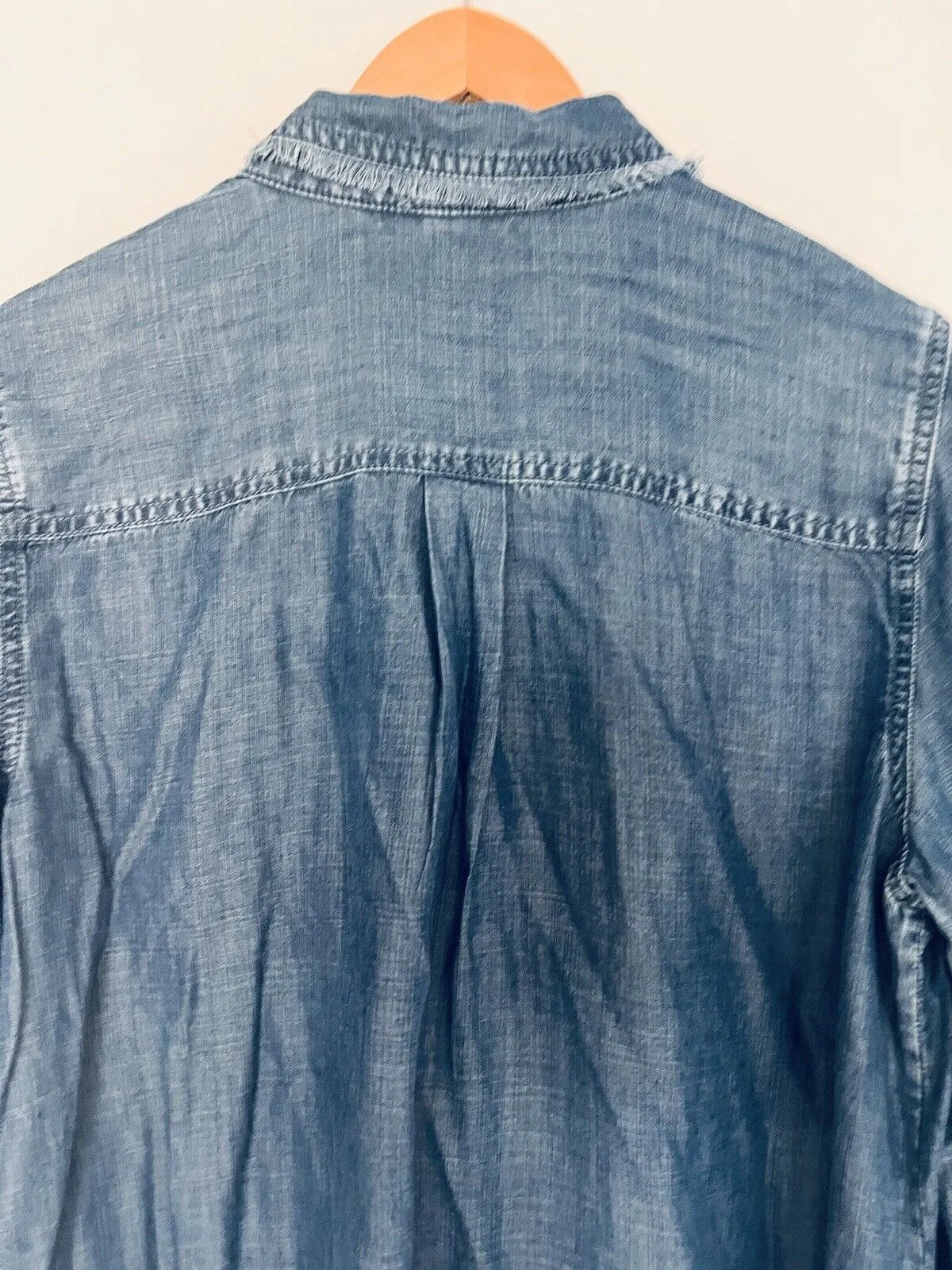 CHICO’S Womens Blue Denim Top Sz 14 Button-Up Long Sleeve Shirt Fringe Trim Boho