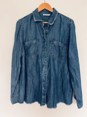 CHICO’S Womens Blue Denim Top Sz 14 Button-Up Long Sleeve Shirt Fringe Trim Boho