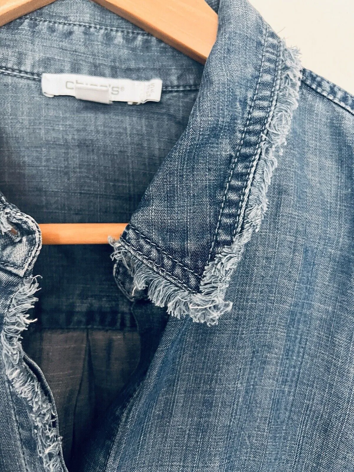 CHICO’S Womens Blue Denim Top Sz 14 Button-Up Long Sleeve Shirt Fringe Trim Boho