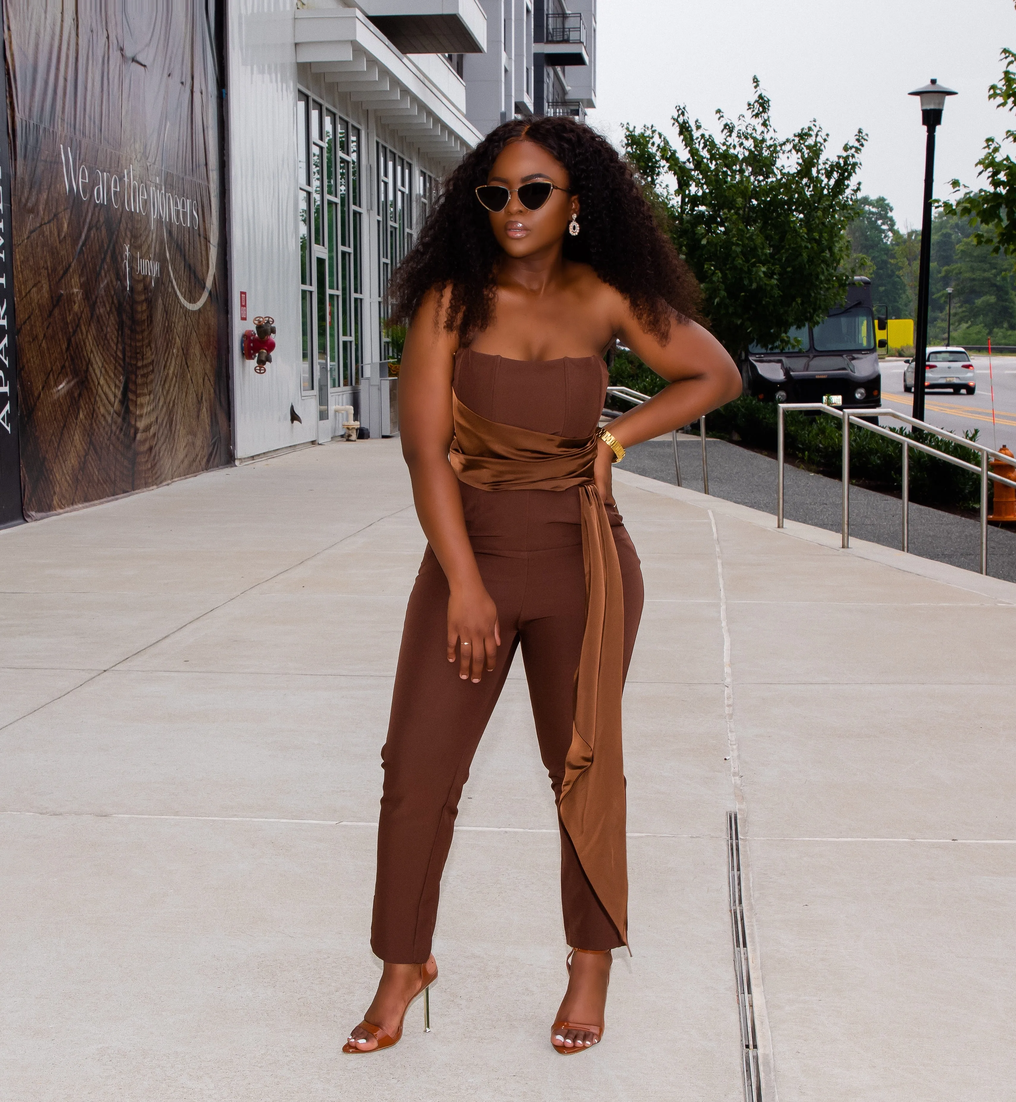 CHOCOLATE  BROWN  DRAPED BUSTIER SATIN JUMPSUIT