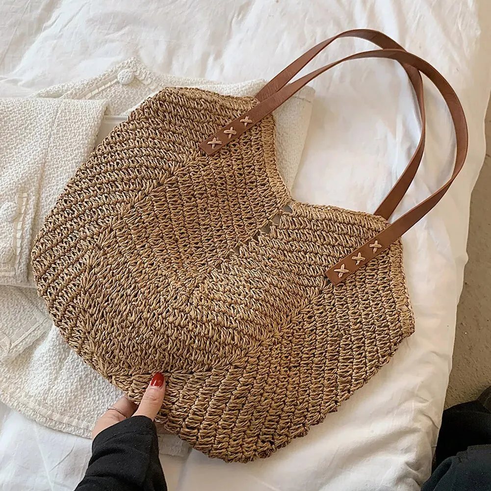Christianartbag Handmade Bag, Summer & Autumn Straw Bags for Women Straw Shoulder Bags Rattan Woven Top Handle Bag Hollow Raffia Crochet Beach Bag Casual, CABHMB01141023.