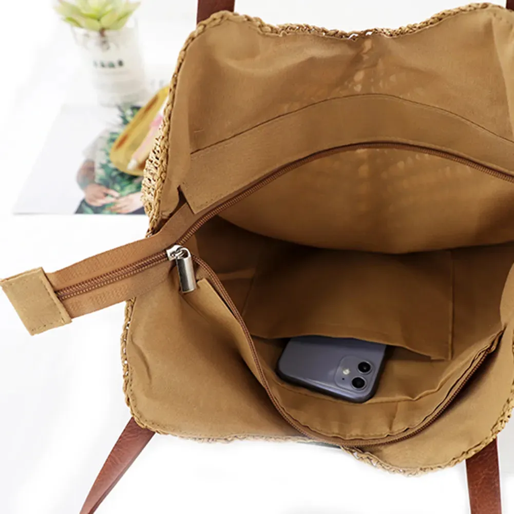 Christianartbag Handmade Bag, Summer & Autumn Straw Bags for Women Straw Shoulder Bags Rattan Woven Top Handle Bag Hollow Raffia Crochet Beach Bag Casual, CABHMB01141023.