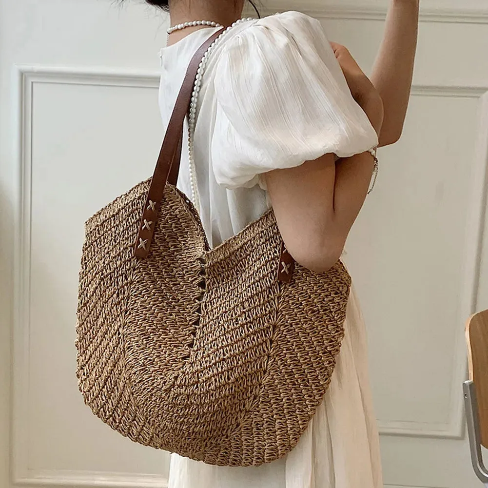 Christianartbag Handmade Bag, Summer & Autumn Straw Bags for Women Straw Shoulder Bags Rattan Woven Top Handle Bag Hollow Raffia Crochet Beach Bag Casual, CABHMB01141023.