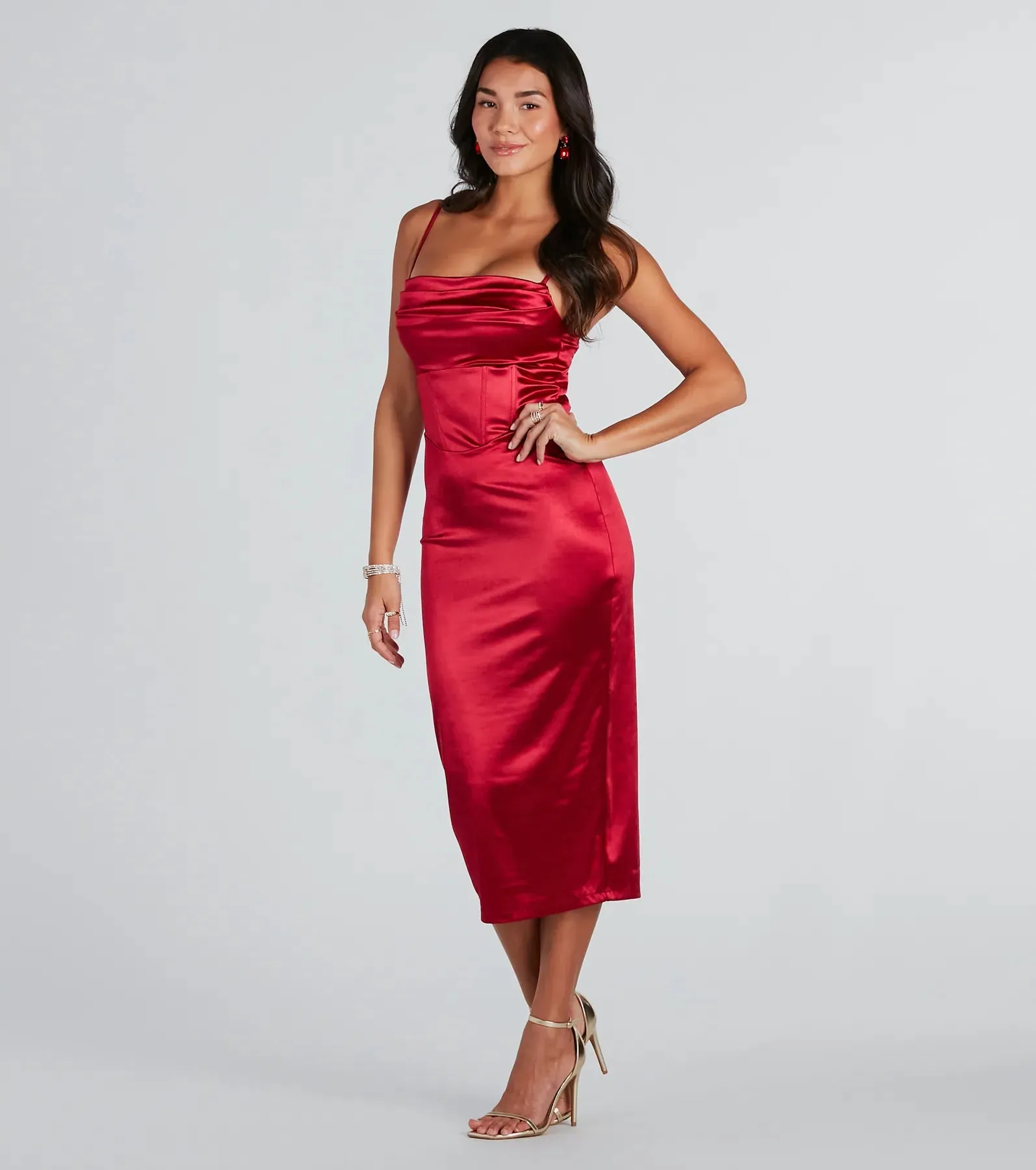 Chrysta Formal Satin Corset Midi Dress