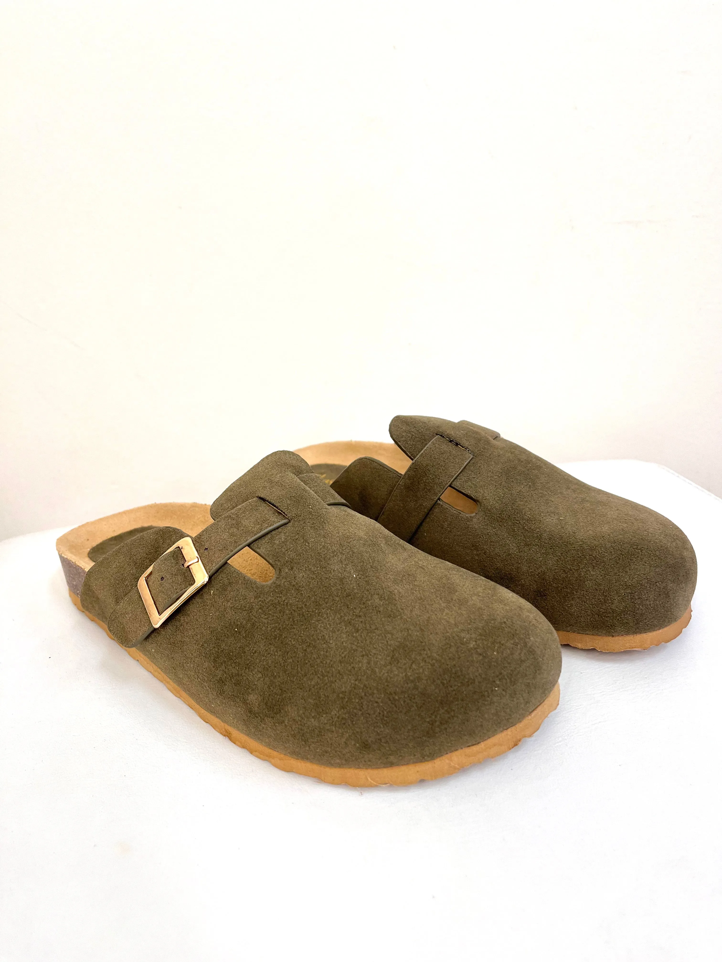 Closed Toe Slip on Sandal {Olive Suede}