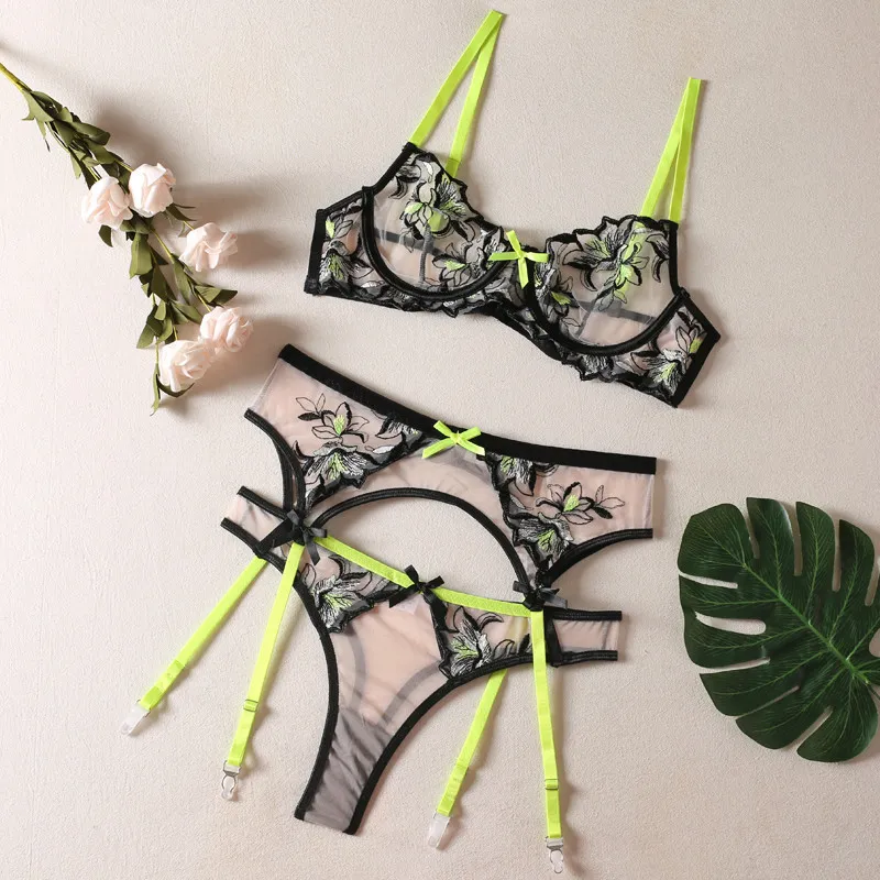 Color Block Embroidered Lingerie Set