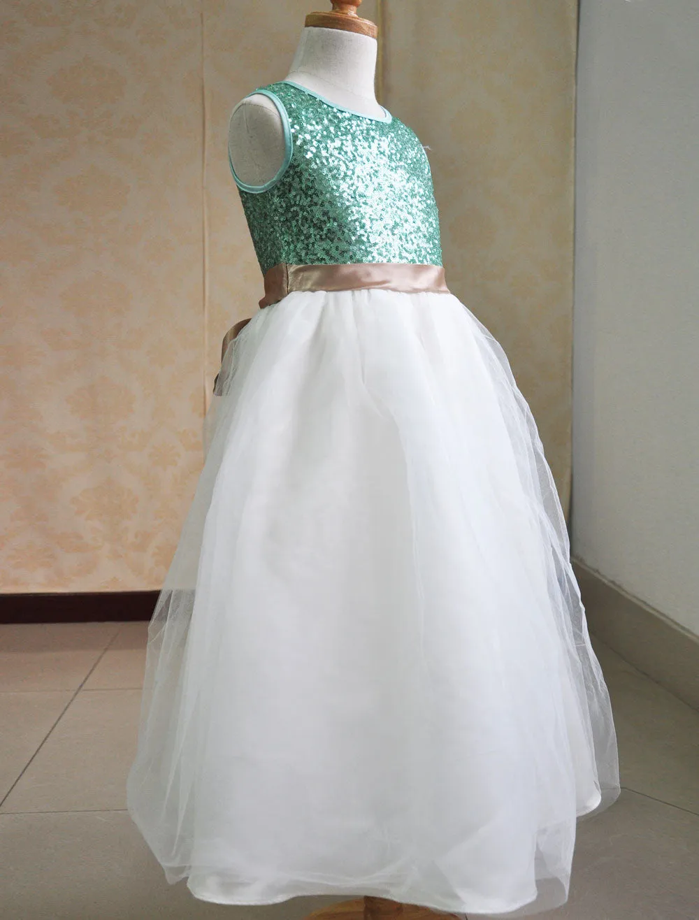 Color Block flower girl dress Sequins Sash Dress