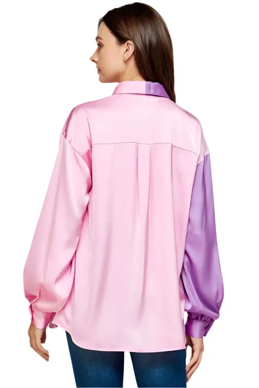 Color Block Satin Button-Down Shirt