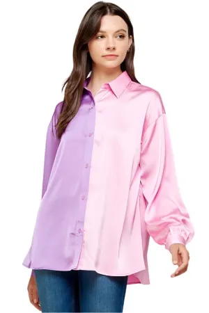 Color Block Satin Button-Down Shirt