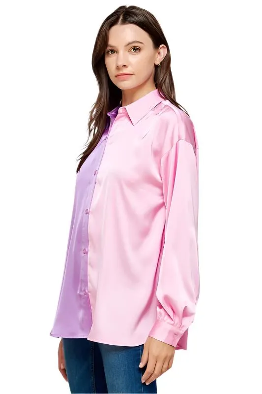 Color Block Satin Button-Down Shirt