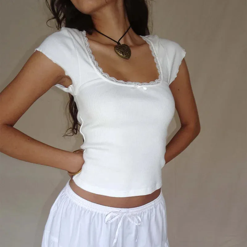 Cottage Lace™ | Women's Vintage Baby Tee | Knitted Cotton, Square Neck, Short Sleeve, Milkmaid Crop Top