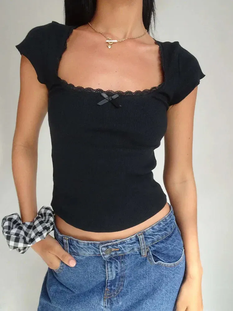 Cottage Lace™ | Women's Vintage Baby Tee | Knitted Cotton, Square Neck, Short Sleeve, Milkmaid Crop Top