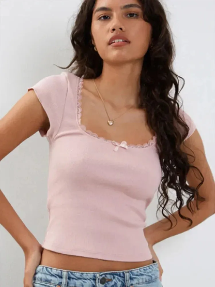 Cottage Lace™ | Women's Vintage Baby Tee | Knitted Cotton, Square Neck, Short Sleeve, Milkmaid Crop Top