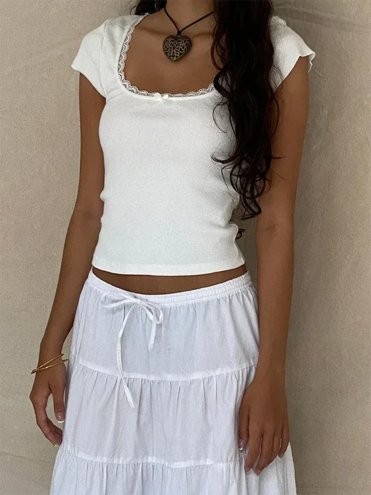 Cottage Lace™ | Women's Vintage Baby Tee | Knitted Cotton, Square Neck, Short Sleeve, Milkmaid Crop Top