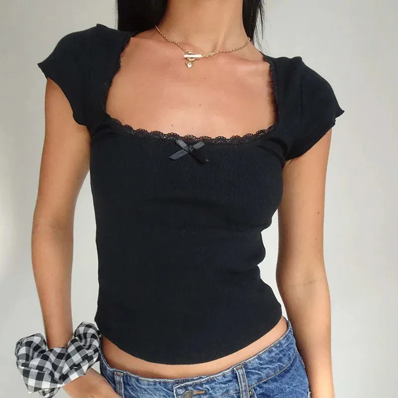 Cottage Lace™ | Women's Vintage Baby Tee | Knitted Cotton, Square Neck, Short Sleeve, Milkmaid Crop Top