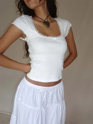 Cottage Lace™ | Women's Vintage Baby Tee | Knitted Cotton, Square Neck, Short Sleeve, Milkmaid Crop Top