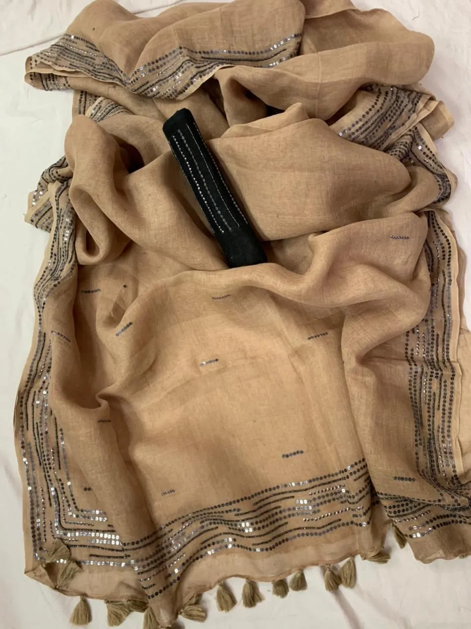 cream Pure Linen Embroidred Saree