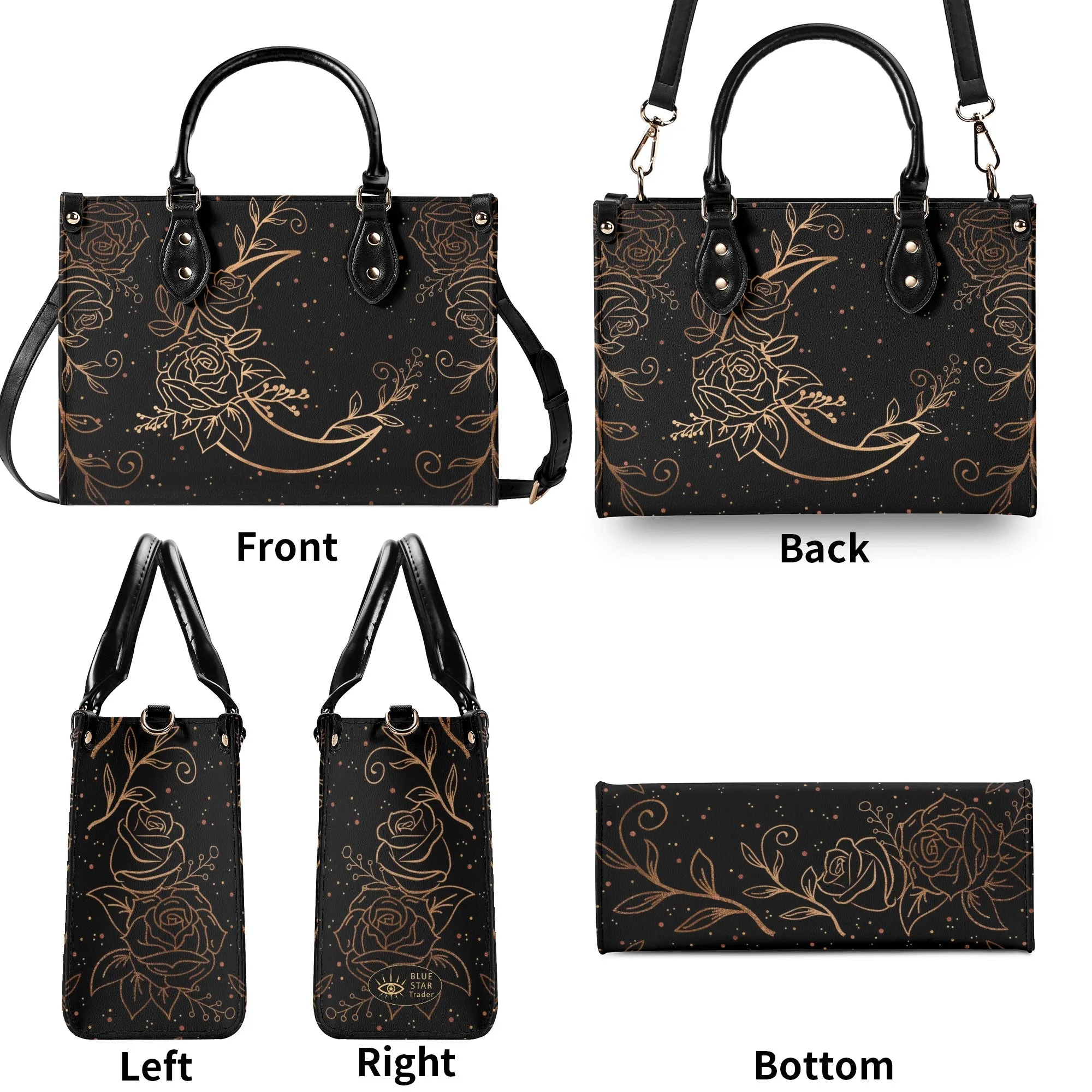 Crescent Moon and Flowers Luxury Womens PU Leather Handbag