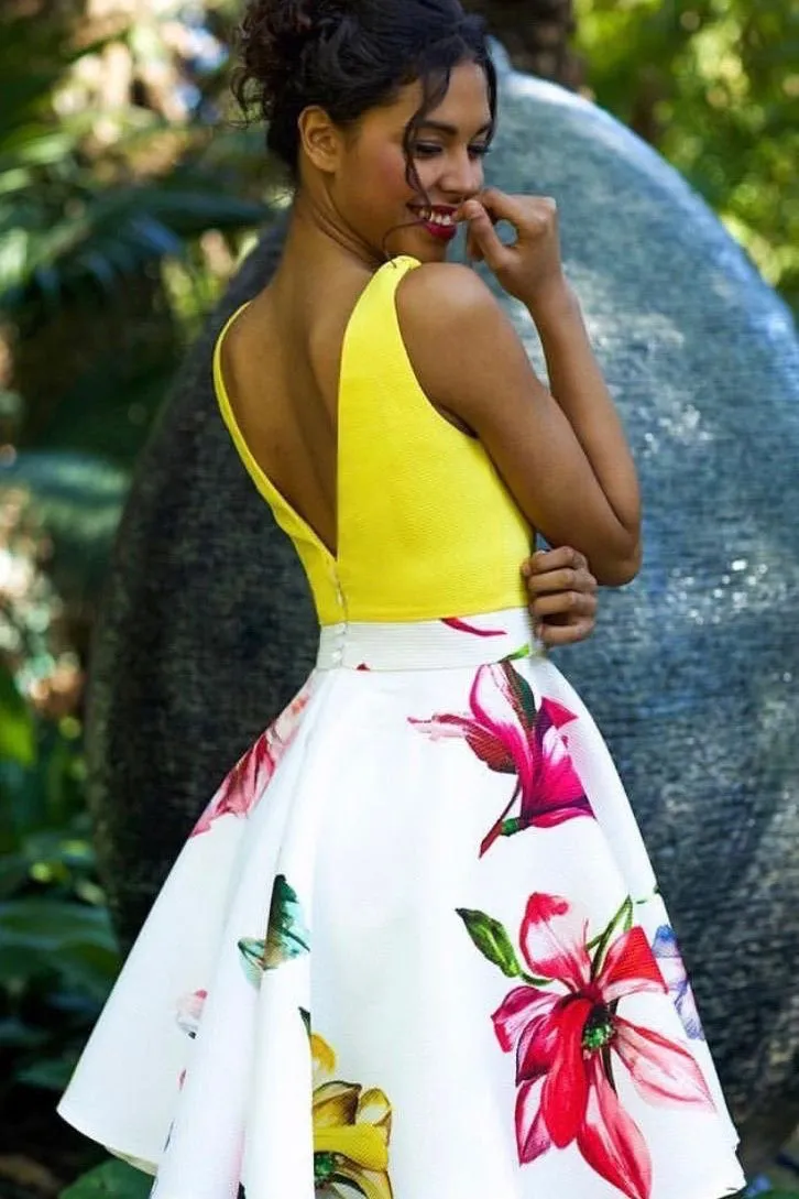 Cute Floral Print Homecoming Dresses V neck Chic Sleeveless Satin Short Prom Dress Party Dress OHM110