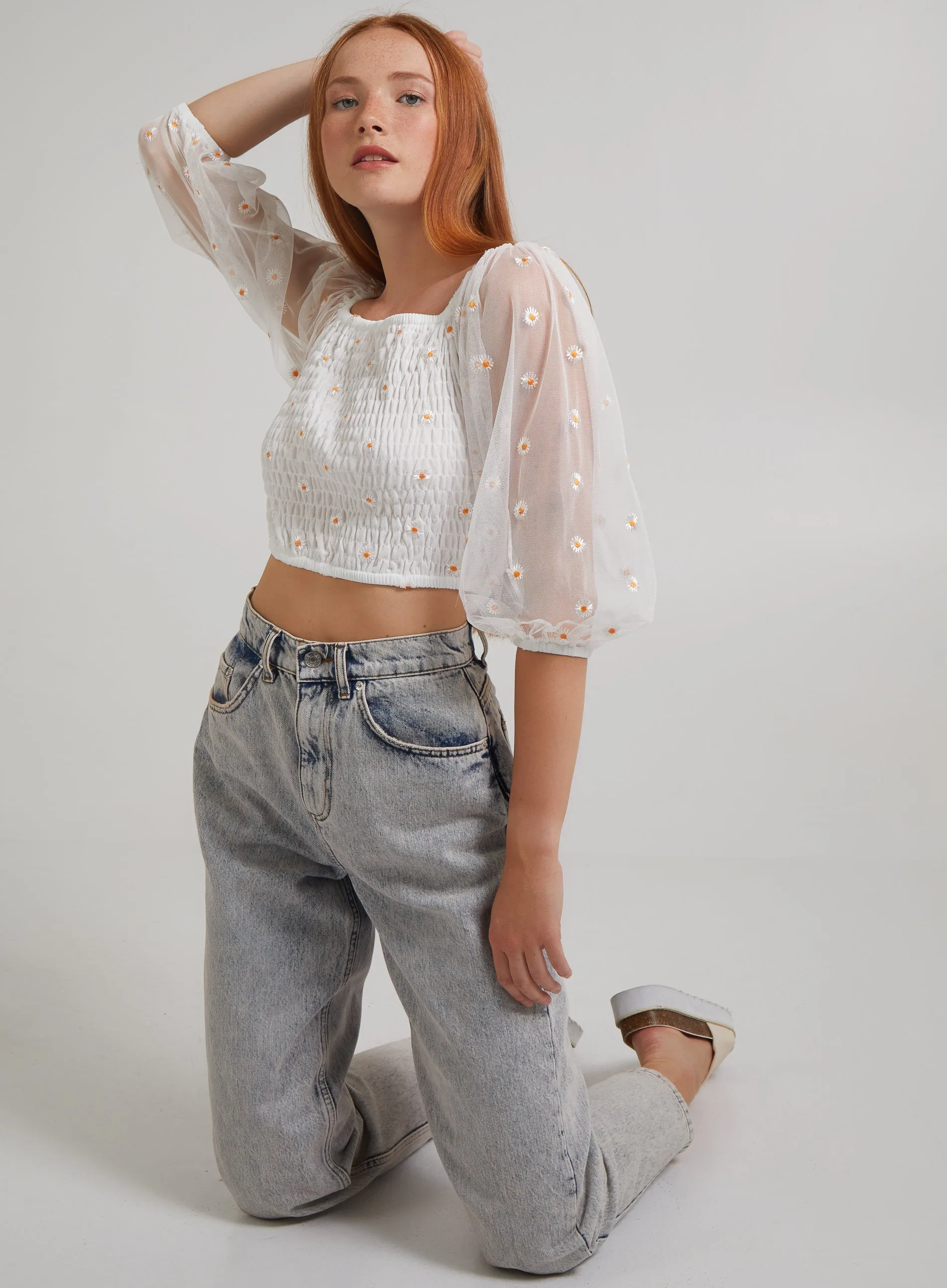 Daisy Embroidered Bardot Top