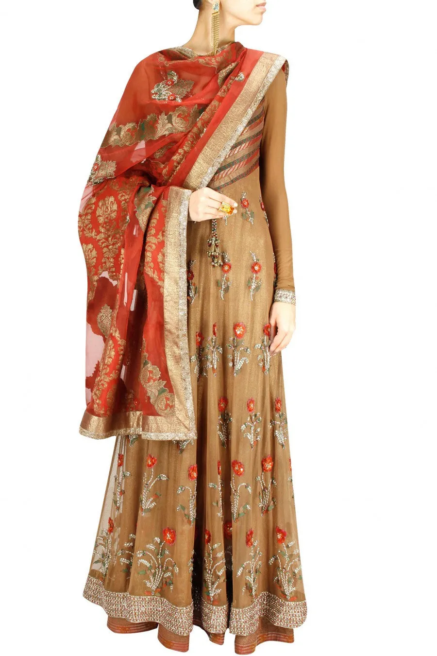 Dark beige color floor length anarkali suit