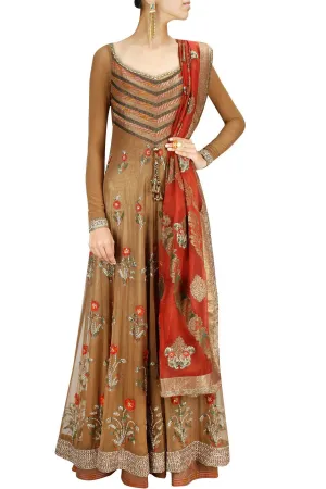 Dark beige color floor length anarkali suit