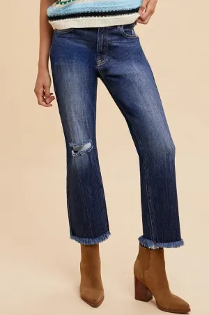 Dark Blue Distressed Raw Hem Straight Leg Cropped Jeans