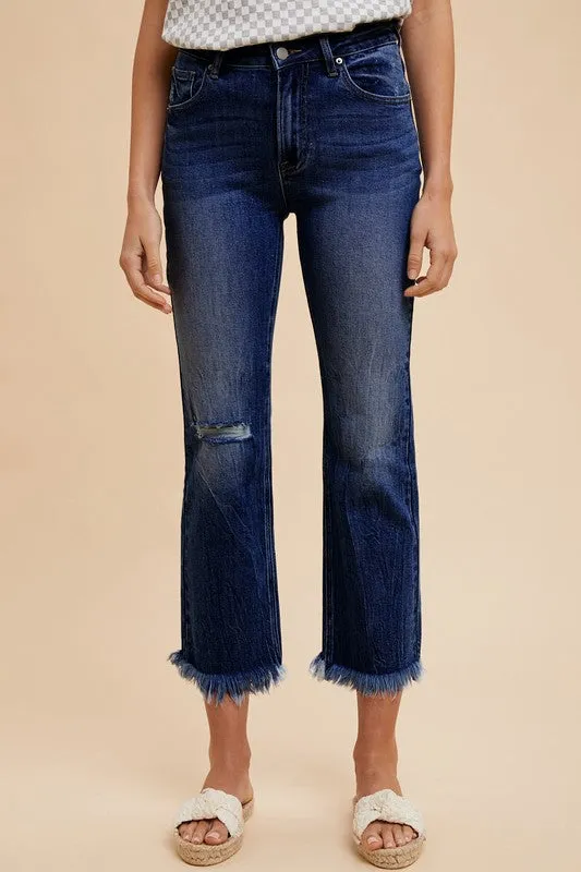 Dark Blue Distressed Raw Hem Straight Leg Cropped Jeans
