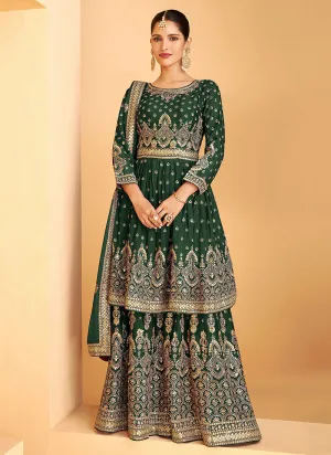 Dark Green Georgette Embroidered Sharara Style Suit