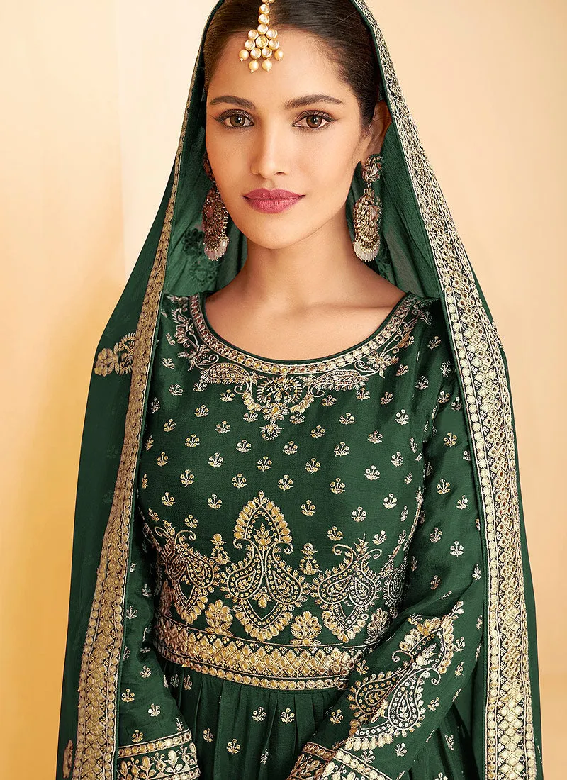 Dark Green Georgette Embroidered Sharara Style Suit