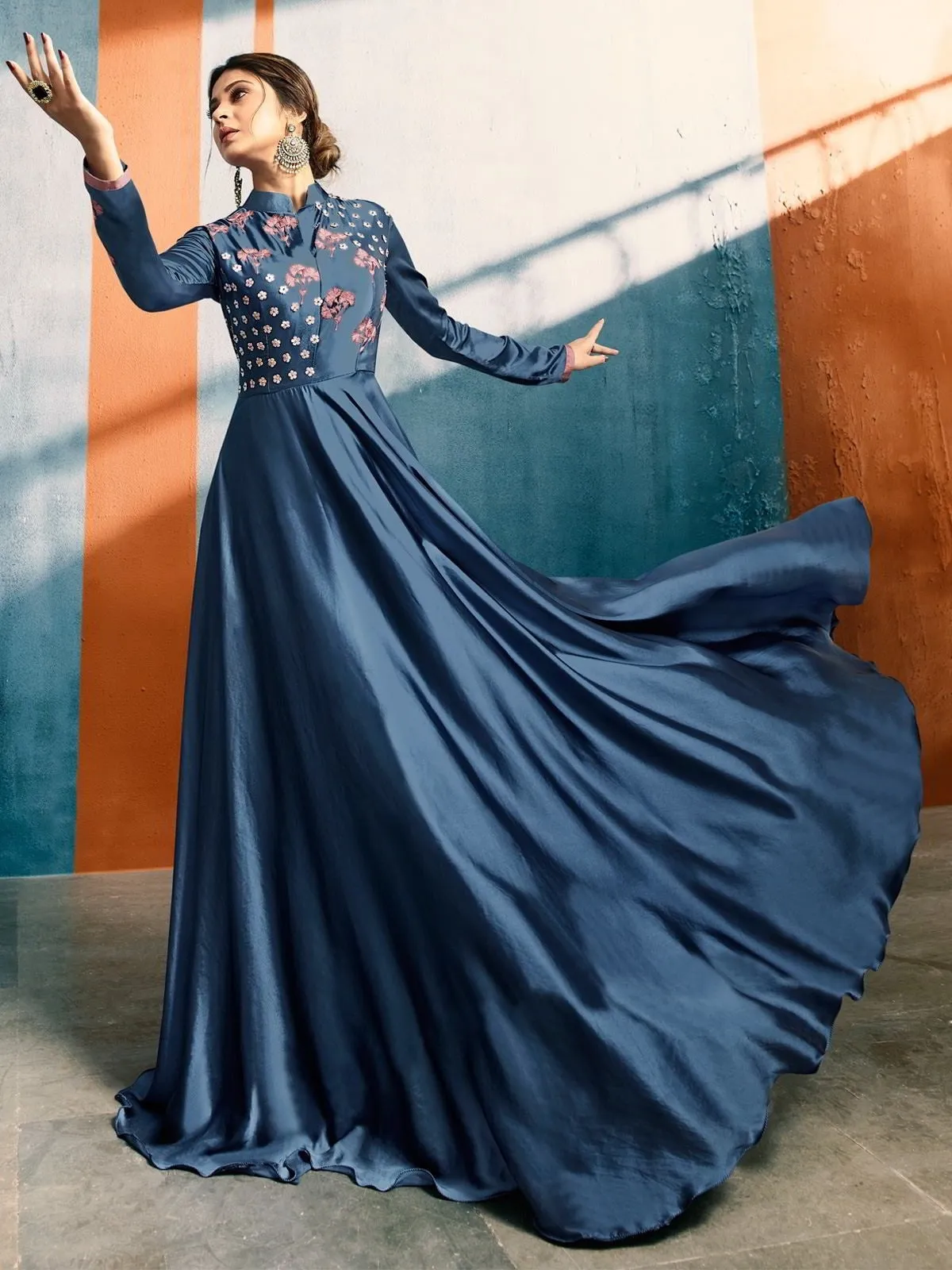Dawn Blue With Blooming Floral Embroidered With Annotated Detail Designer Royal Anarkali Style Kurti
