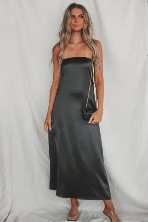 DEAL Sassy Side Strapless Black Satin Maxi Dress